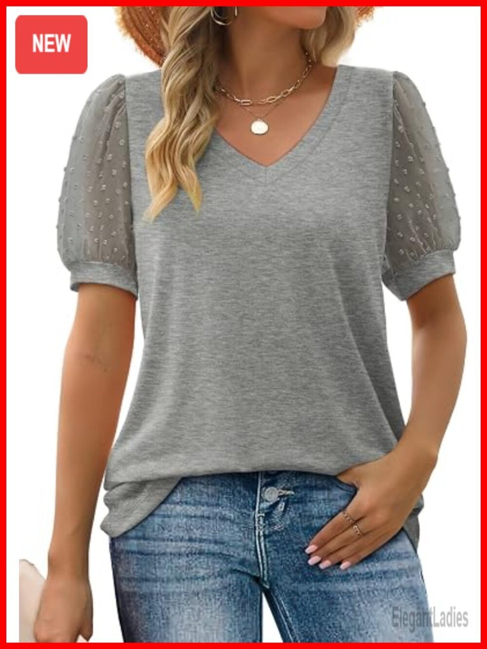 Women's Swiss Dot Puff Sleeve V Neck Loose Fit T Shirt